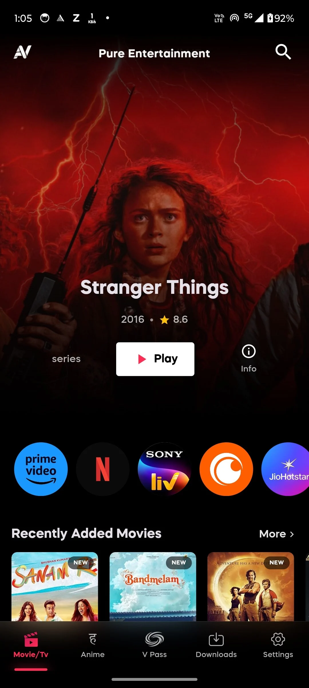 AniVortex home screen showing featured content, streaming platforms, and recently added movies