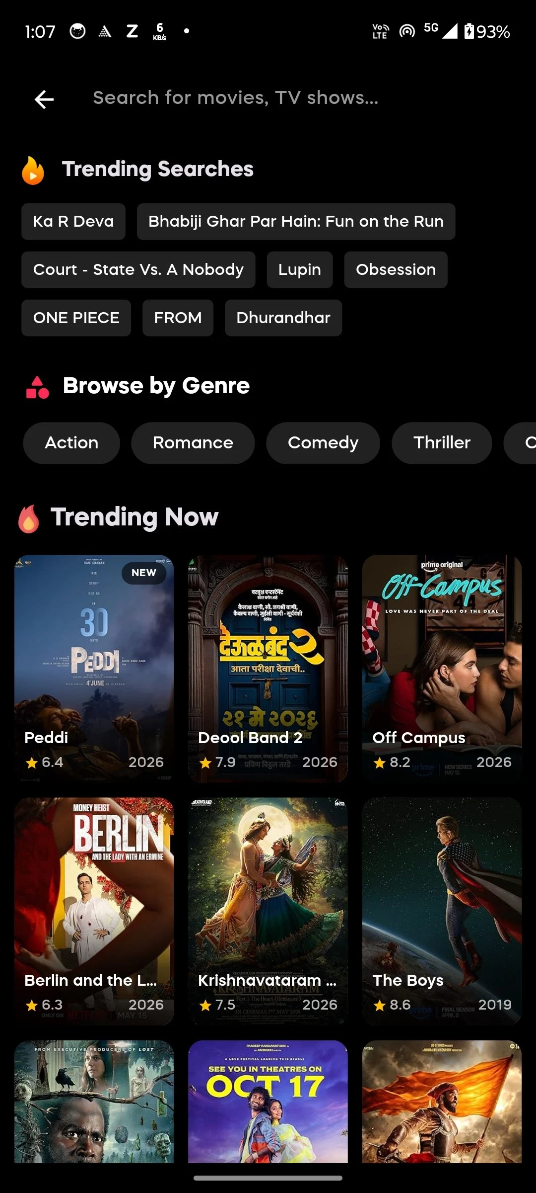 AniVortex search screen with trending searches, genre browsing, and trending movies and shows